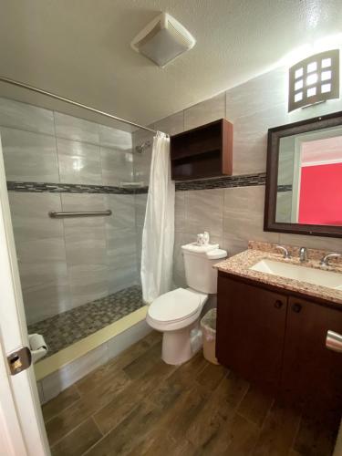 a bathroom with a toilet and a shower and a sink at Economy Inn in Arcadia