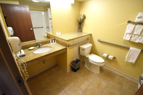 a bathroom with a toilet and a sink and a mirror at Canad Inns Destination Center Grand Forks in Grand Forks