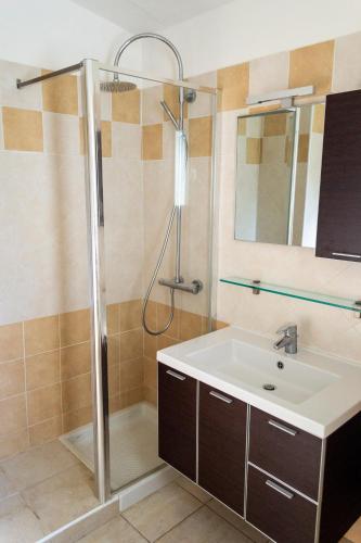 a bathroom with a sink and a shower at Résidence de Filitosa - Le Torréen in Sollacaro