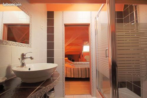 ein Bad mit einem Waschbecken und einer Dusche sowie ein Schlafzimmer in der Unterkunft VILLA CREOLE in Saint-François