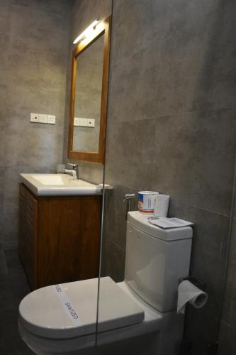 a bathroom with a toilet and a sink and a mirror at Lotus Lake Residence in Kandy