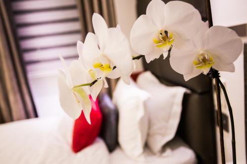 a group of white flowers in a red vase at Henley House Hotel in London