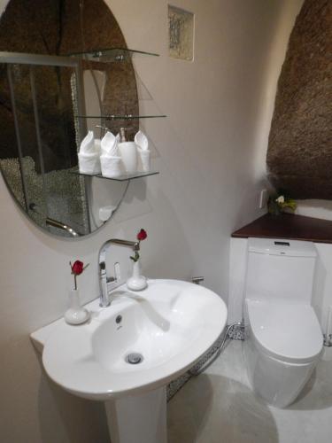 a bathroom with a sink and a toilet and a mirror at Monkey Flower Villas in Koh Tao