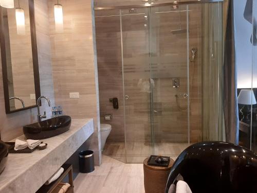a bathroom with a shower with a sink and a toilet at The Lake Garden Hotel Nay Pyi Taw - MGallery Collection in Nay Pyi Taw