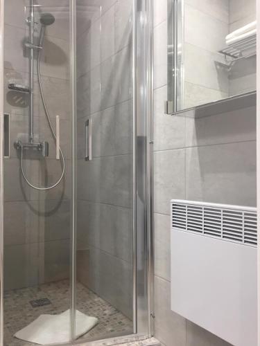 une douche avec une porte vitrée dans une salle de bain dans l'établissement Studio de luxe Miramar, à Cannes