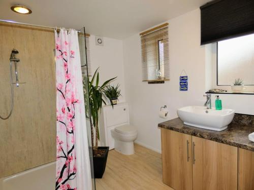 La salle de bains est pourvue d'un lavabo, de toilettes et d'une douche. dans l'établissement Rialto Holiday Apartments, à Bridlington