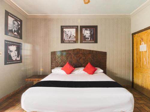 een slaapkamer met een groot wit bed met rode kussens bij Hotel Olimpia in Monclova