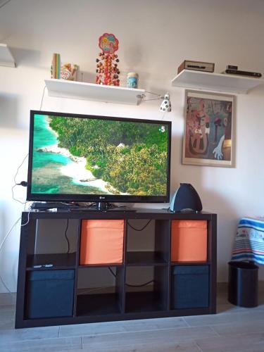 a flat screen tv sitting on top of a tv stand at Grand F2 60mq centre Antibes, proche plages, commerces, 2 balcons, parking, train, bus, deco vintage, pet friendly in Antibes