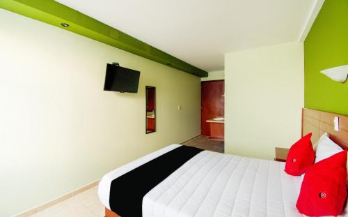 a bedroom with a bed with red pillows and a tv at Hotel San Pablo in Cholula