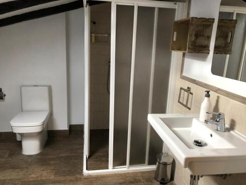 Un baño con ducha, inodoro y lavabo. en CASA RURAL DOSAL, en Ruiseñada