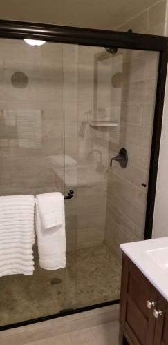 a bathroom with a glass shower with towels at Lily Creek Lodge in Dahlonega