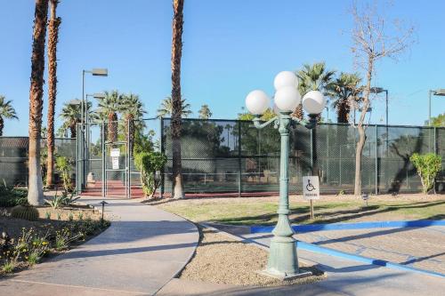 a street light in a park with palm trees at Casa de Oasis Permit# 549 in Palm Springs