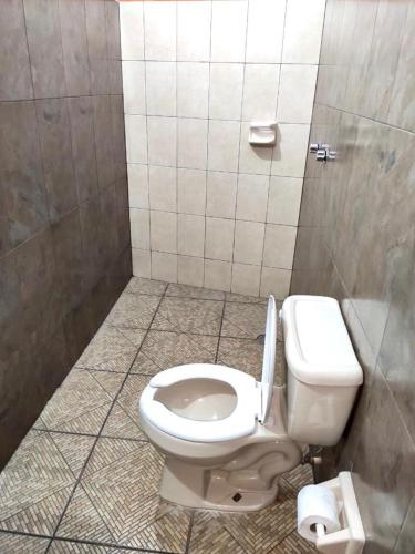 a bathroom with a white toilet in a stall at POSAD FAMILIAR EL PARAiSO in Xilitla