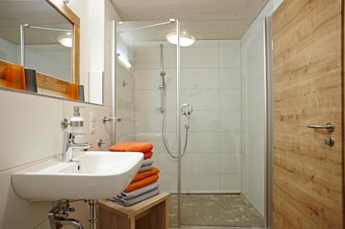 a bathroom with a sink and a shower at Alpstein Appartements in Bad Hindelang