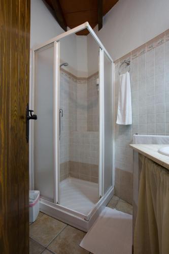 a shower with a glass door in a bathroom at Hostal Valle Del Sol Alora in Alora