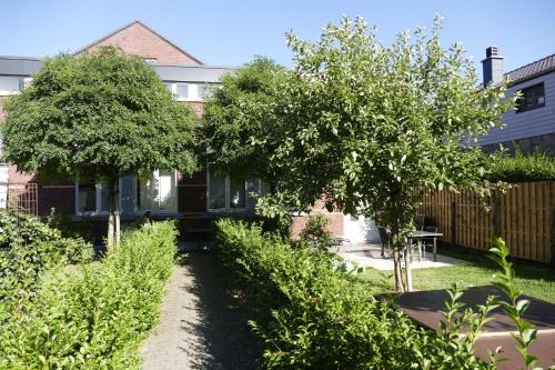 a garden with trees and bushes in front of a house at De Oude School in Visé