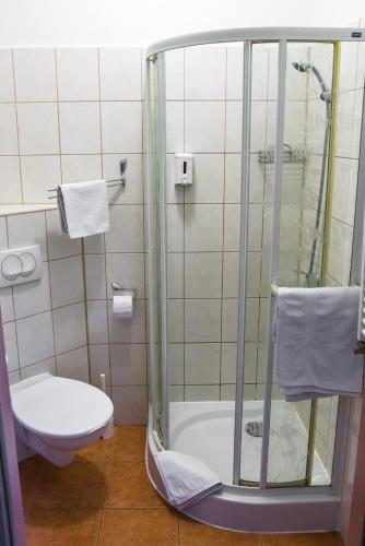 a bathroom with a shower and a toilet at Pokoje Hotelowe Norbit in Grodzisk Mazowiecki