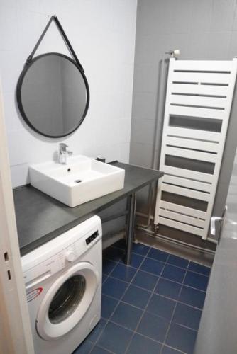 W łazience znajduje się pralka i umywalka. w obiekcie Hyper Centre LILLE appt. 6 personnes confortable pour famille ou amis w Lille