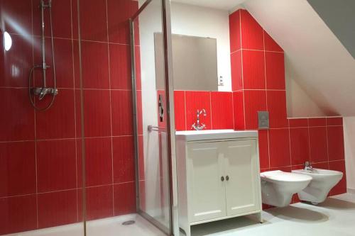 a red bathroom with a shower and a toilet at Villa Vykmanov in Měděnec