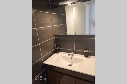 une salle de bain avec un lavabo et un miroir dans l'établissement Appartement jardin a 100m de la plage et Thalasso, à Concarneau