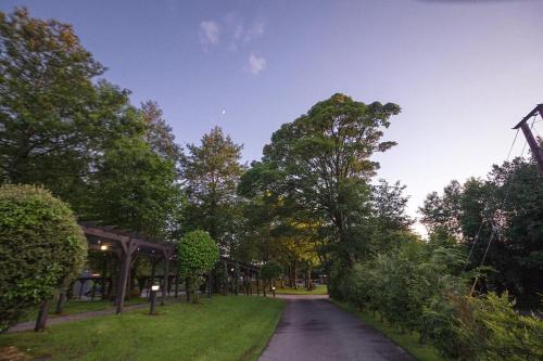 a road in a park with trees and a building at Lusty Beg Island in Kesh