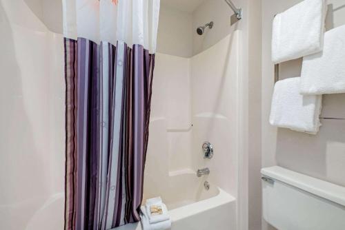 a white bathroom with a shower curtain and a tub at La Quinta by Wyndham Mansfield OH in Mansfield
