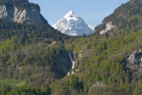 a mountain with a snow capped mountain in the distance at Hotel Sherlock Holmes & Khana Restaurant "200 m Gondola to Hasliberg ski" in Meiringen