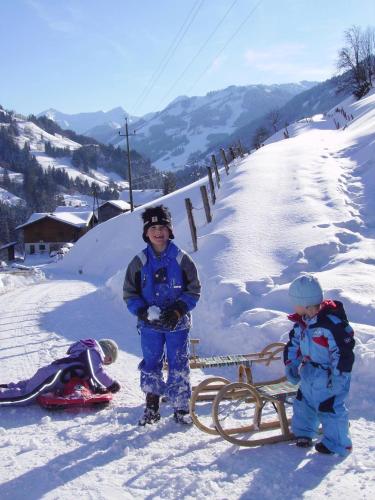 a man and two children standing in the snow next to a bench at Schaidreithof in Grossarl