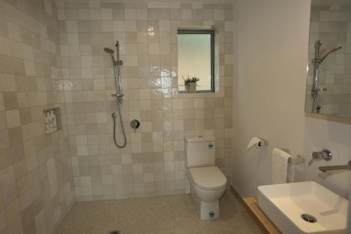 a bathroom with a toilet and a shower and a sink at Seascape Accommodation in Kaka Point