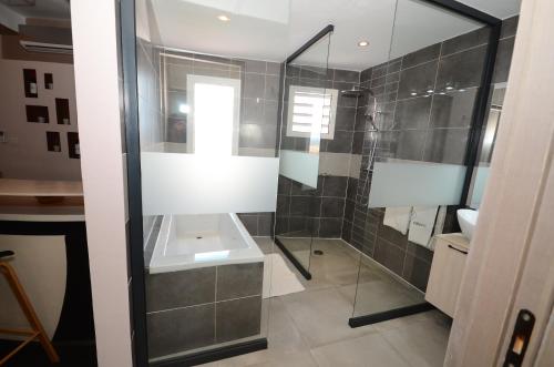 a bathroom with a sink and a shower at Hotel La Villette in Antananarivo