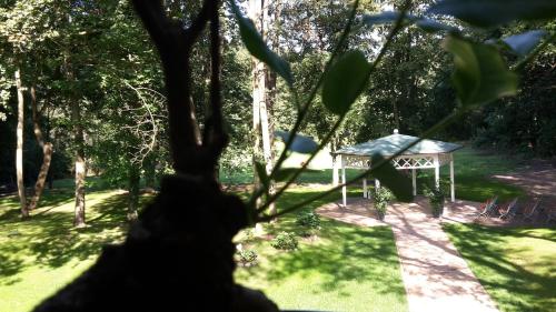 a garden with a gazebo in the grass at Hotel Zur Waldhufe in Doberlug-Kirchhain