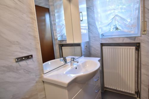 a white bathroom with a sink and a mirror at Work & Stay Troisdorf in Troisdorf