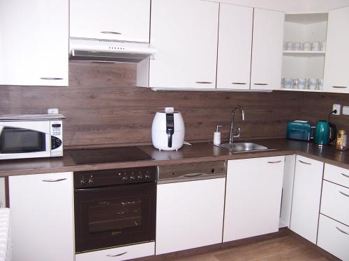 a kitchen with white cabinets and a sink and a microwave at Salaš-dům pro společnou dovolenou až 14 osob in Salaš