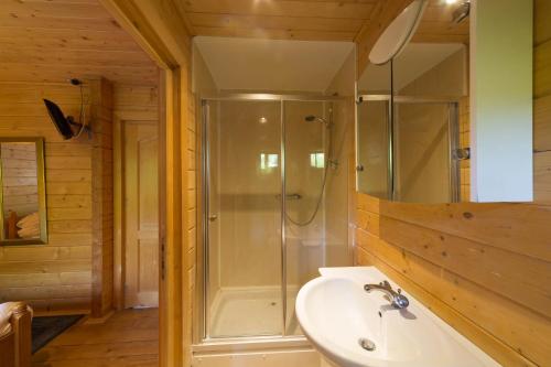 uma casa de banho com um chuveiro e um lavatório. em Cherry Log Cabin em Swanage