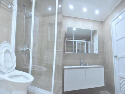a bathroom with a shower with a toilet and a sink at Backpackers' Hostel Taoyuan Airport in Dayuan