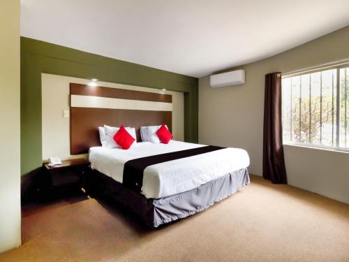 a bedroom with a large bed with red pillows at Hotel La Fuente, Saltillo in Saltillo