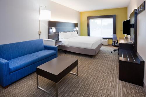 ディキンソンにあるHoliday Inn Express & Suites - Dickinson by IHGのホテルルーム(ベッド1台、青いソファ付)