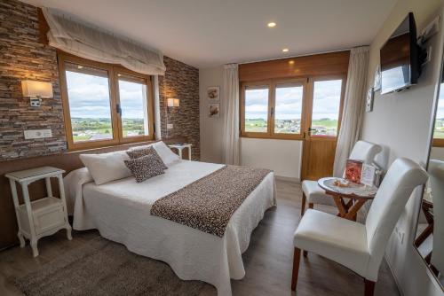 a bedroom with a bed and a tv and a chair at Hotel el Pinar in Villapedre