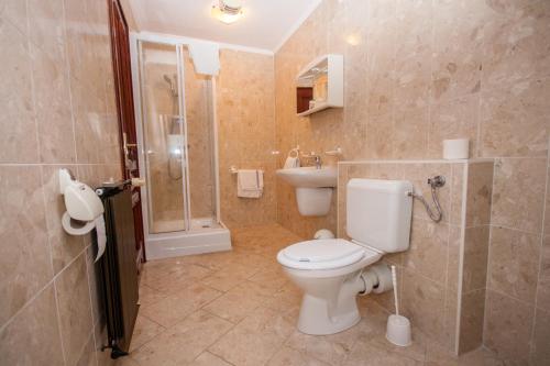 a bathroom with a toilet and a shower at Korona Pension and Restaurant in Hévíz