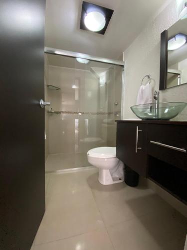 y baño con ducha, aseo y lavamanos. en Grupo Kings Suites - Monte Chimborazo 567, en Ciudad de México