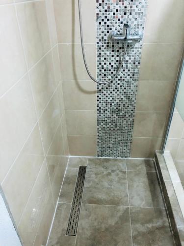 a bathroom with a shower with a tiled shower at Carla Maria S Hause in Gammertingen
