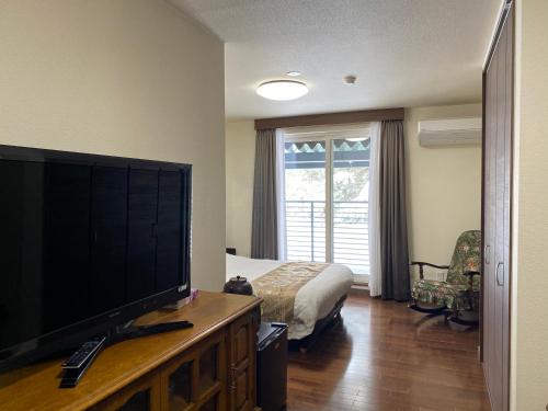 a bedroom with a flat screen tv and a bed at Sirogane Free Harbour Hotel in Biei