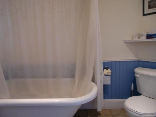 uma casa de banho com uma banheira branca e um WC. em Auberge de Lotbinière em Lotbinière