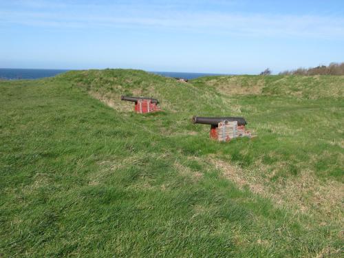 a grassy hill with two benches on top of it at Fuglevænget in Hundested