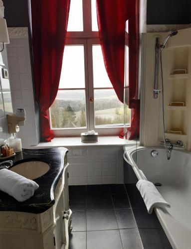 a bathroom with a tub and a sink and a window at Châtellerie De Schoebeque in Cassel