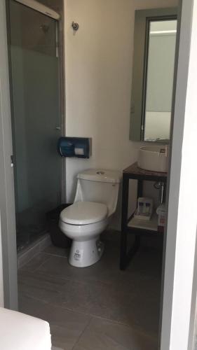 a bathroom with a toilet and a sink and a mirror at Suites André Confort Ejecutivo in Aguascalientes