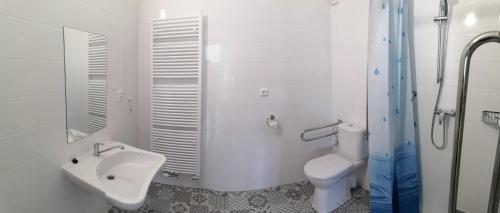 a white bathroom with a sink and a toilet at Penzion Na Farmě in Karle
