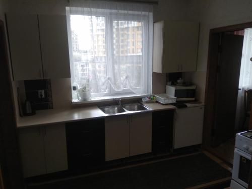 een keuken met een wastafel en een raam bij Двохповерховий будинок з двома апартаментами in Truskavets