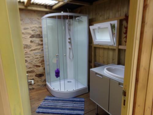 y baño con ducha y lavamanos. en La Roulotte CHAINOUX, en Bains-sur-Oust