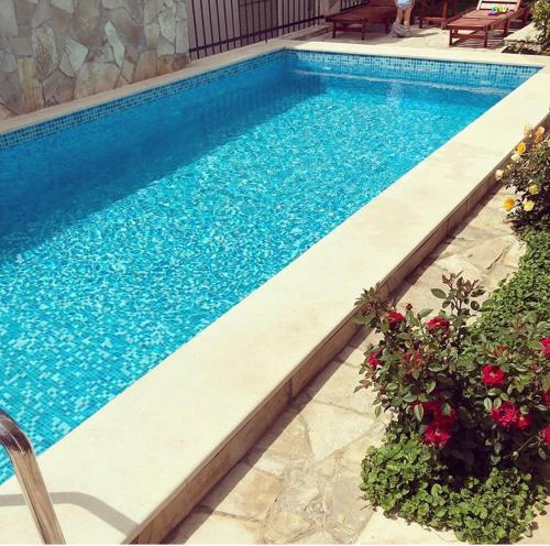a swimming pool with blue water and some flowers at Apartments Mrdak in Bar